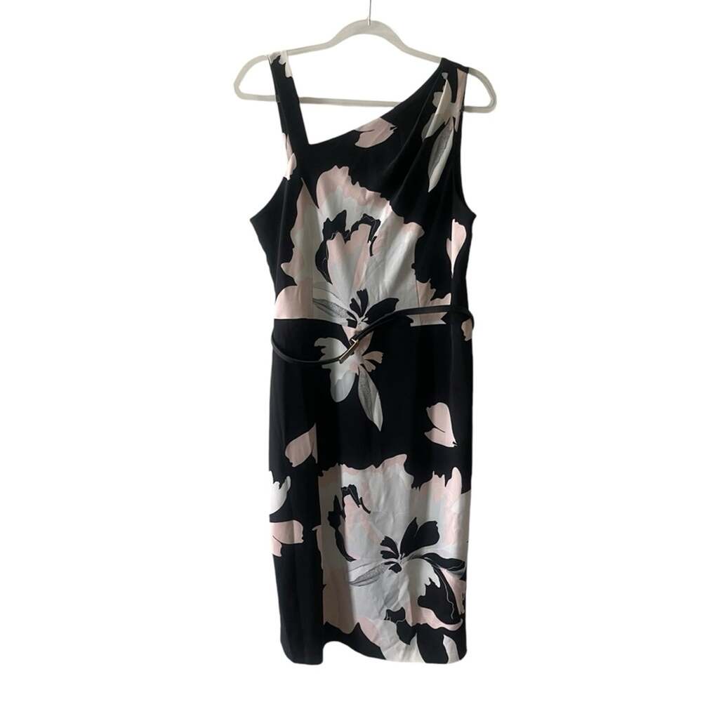 Jones New York Floral Asymmetrical Sleeveless Belted Mid Calf Dress Black 14